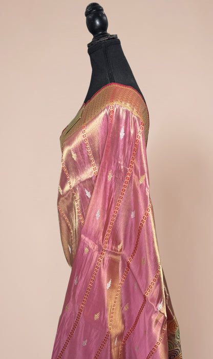 Pink Pure Tissue Katan Banarasi Handloom Saree - Kadhiyal Sona Roopa Meenakari