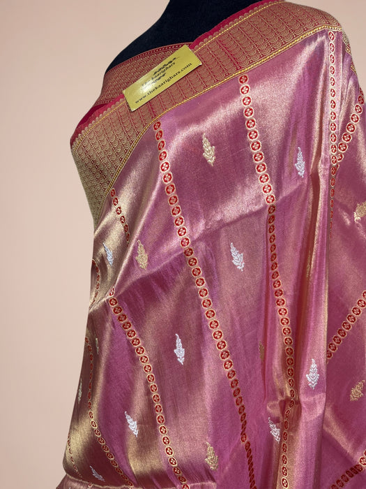 Pink Pure Tissue Katan Banarasi Handloom Saree - Kadhiyal Sona Roopa Meenakari