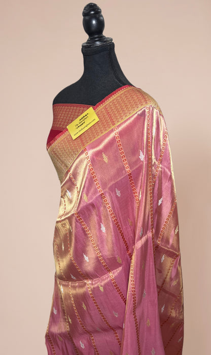 Pink Pure Tissue Katan Banarasi Handloom Saree - Kadhiyal Sona Roopa Meenakari