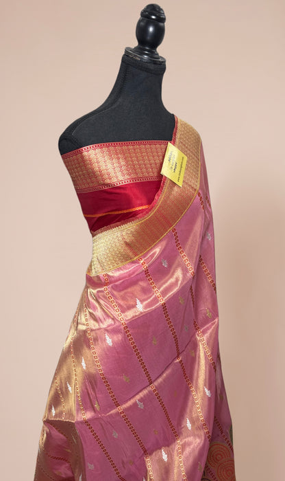 Pink Pure Tissue Katan Banarasi Handloom Saree - Kadhiyal Sona Roopa Meenakari
