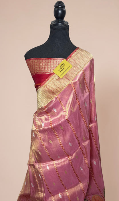 Pink Pure Tissue Katan Banarasi Handloom Saree - Kadhiyal Sona Roopa Meenakari