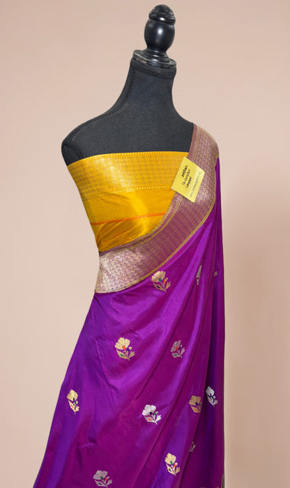 Purple Pure Katan Banarasi Handloom Saree - Kadhiyal Sona Roopa Meenakari
