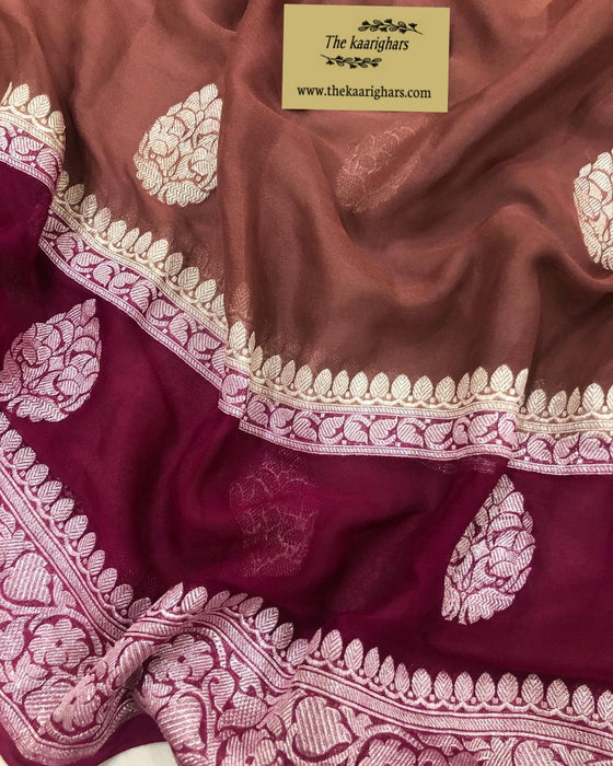 Wine & Copper Pure Khaddi Georgette Handloom Banarasi Saree - Silver Zari