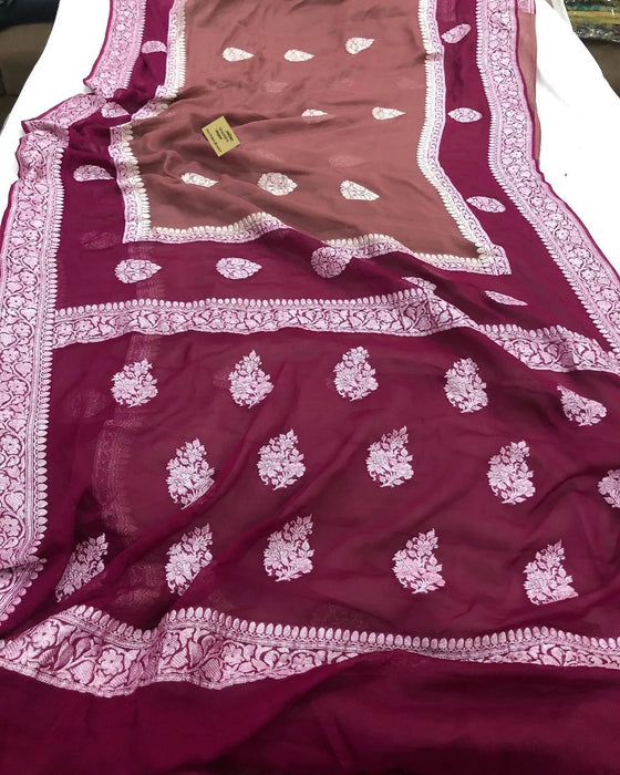 Wine & Copper Pure Khaddi Georgette Handloom Banarasi Saree - Silver Zari