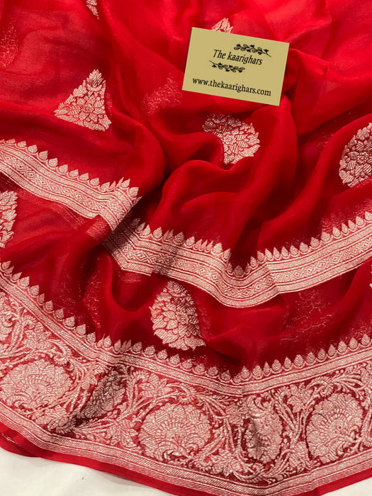 Red Pure Khaddi Georgette Banarasi Handloom Saree - Silver Zari