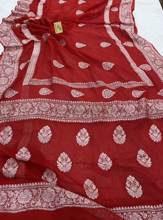 Red Pure Khaddi Georgette Banarasi Handloom Saree - Silver Zari
