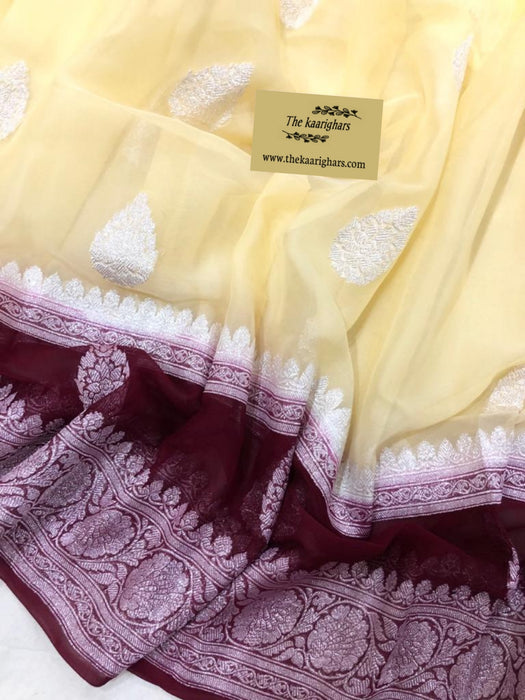 Wine & Cream Pure Khaddi Georgette Banarasi Handloom Saree - Silver Zari