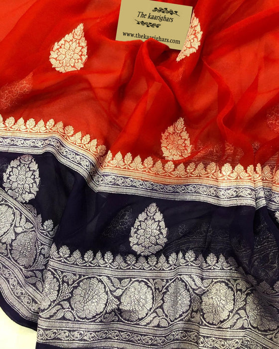 Midnight & Red Pure Khaddi Georgette Banarasi Handloom Saree - Silver Zari
