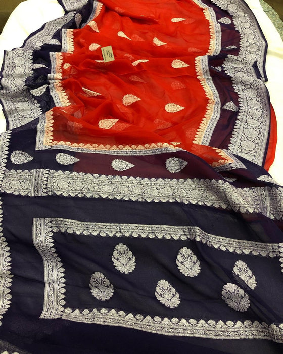 Midnight & Red Pure Khaddi Georgette Banarasi Handloom Saree - Silver Zari