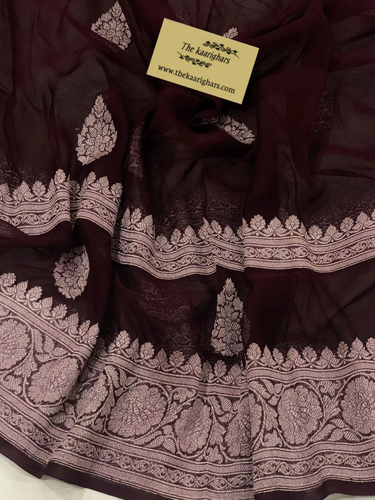 Italian Brown Pure Khaddi Georgette Banarasi Handloom Saree - Silver Zari