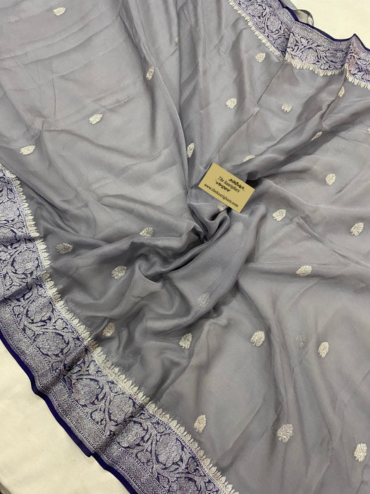 Gray & Navy Pure Kadhwa Chiffon Georgette Banarasi Saree - Silver Zari