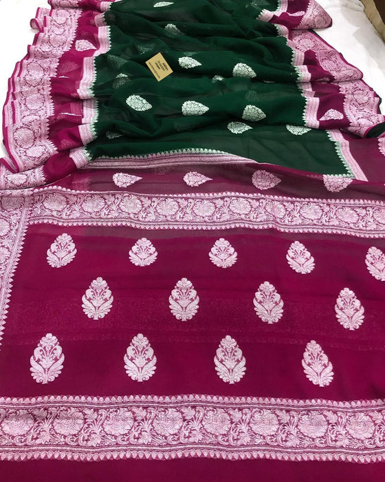 Rani & Green Pure Khaddi Georgette Banarasi Handloom Saree - Silver Zari