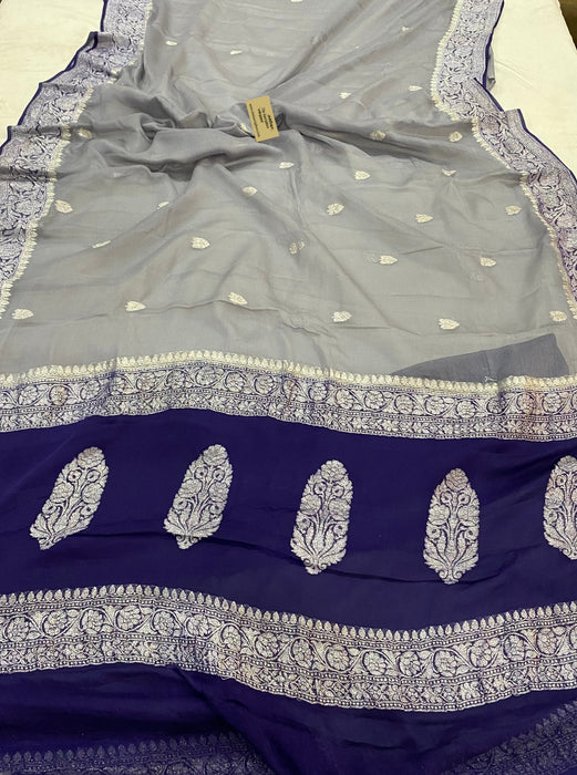 Gray & Navy Pure Kadhwa Chiffon Georgette Banarasi Saree - Silver Zari