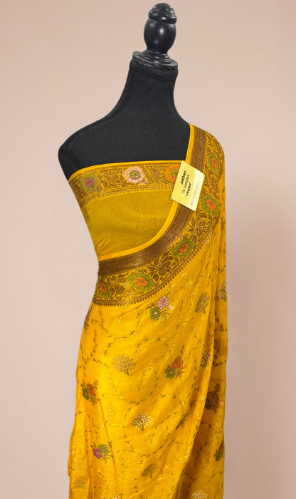 Mustard Pure Khaddi Chiffon Banarasi Saree - Meenakari Work