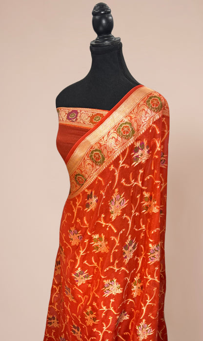 Orange Pure Khaddi Chiffon Banarasi Saree - Meenakari Work
