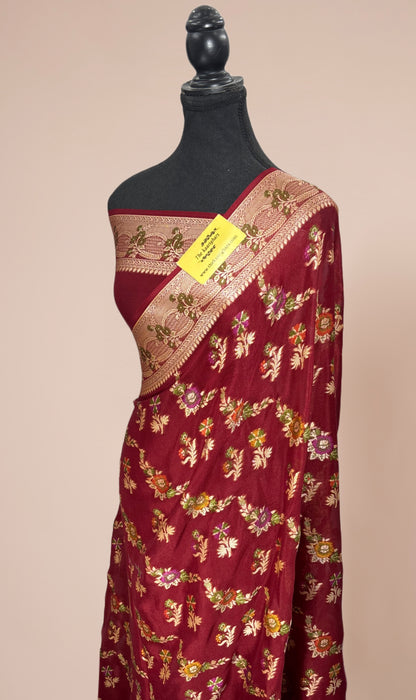 Maroon Pure Khaddi Chiffon Banarasi Saree - Meenakari Work