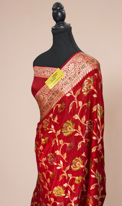 Red Pure Khaddi Chiffon Banarasi Saree - Meenakari Work