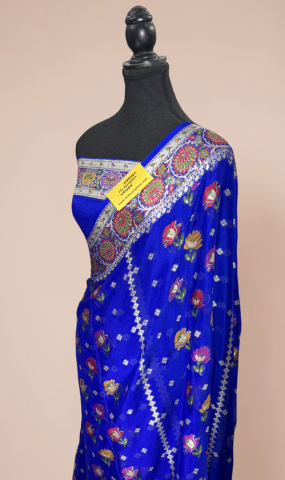 Royal Blue Pure Khaddi Chiffon Banarasi Saree - Meenakari Work
