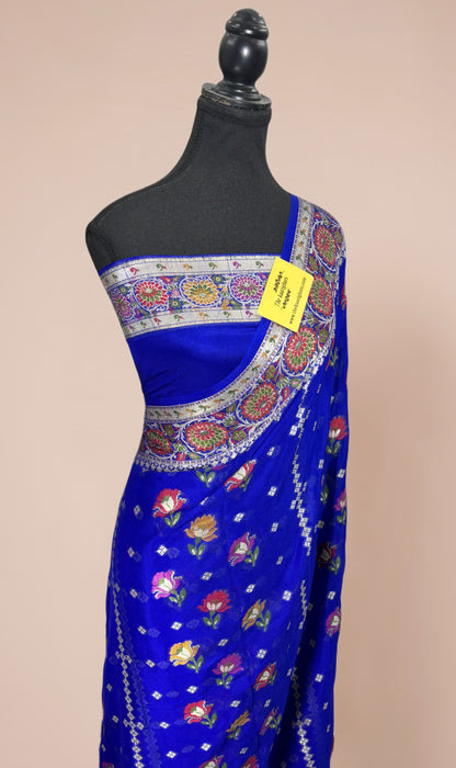 Royal Blue Pure Khaddi Chiffon Banarasi Saree - Meenakari Work