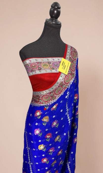 Red and blue Pure Khaddi Chiffon Banarasi Saree - Meenakari Work
