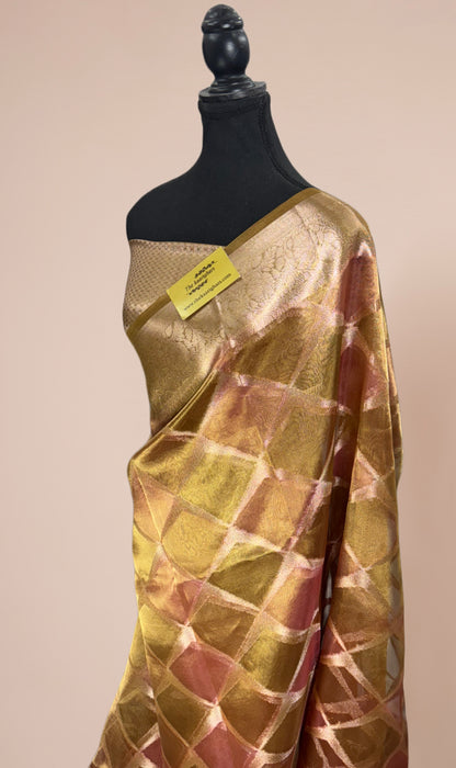 Gold Pure Banarasi Tissue Handloom Saree - Hand Filled Meenakari