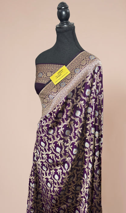 Spanish Purple Pure Katan Banarasi Handloom Saree - Sona Roopa Jaal Work