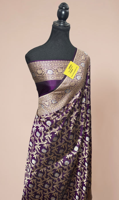 Spanish Purple Pure Katan Banarasi Handloom Saree - Sona Roopa Jaal Work
