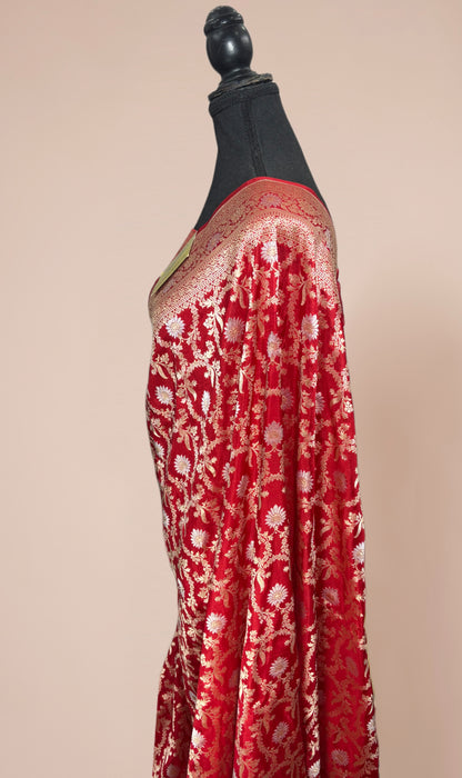 Red Pure Katan Banarasi Handloom Saree - Sona Roopa Jaal Work