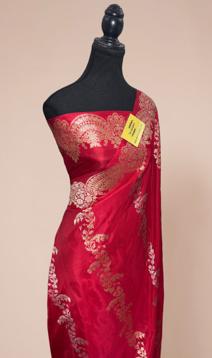 Red Pure Katan Banarasi Handloom Saree - Kadiyal Jaal Work