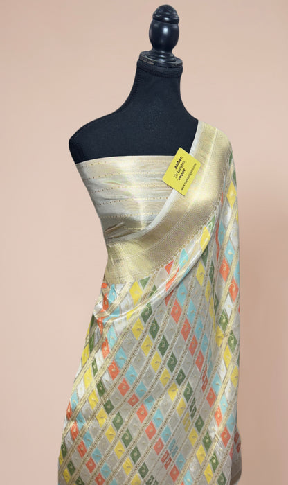 Cream Pure Tissue Katan Silk Banarasi Handloom Saree - Kadhiyal Rangkat
