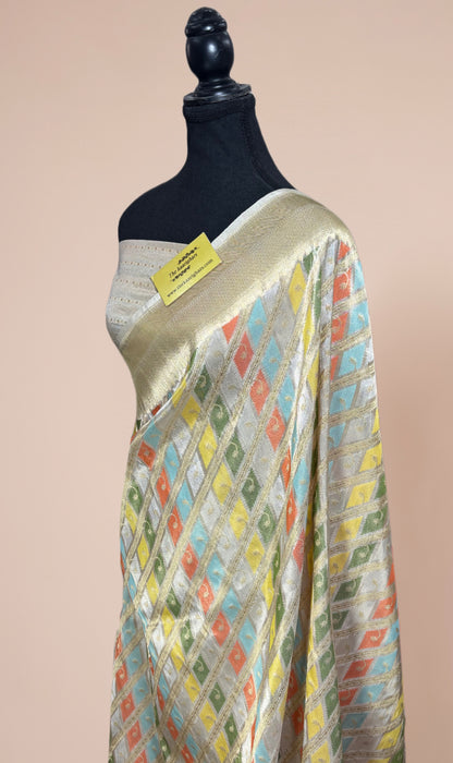 Cream Pure Tissue Katan Silk Banarasi Handloom Saree - Kadhiyal Rangkat