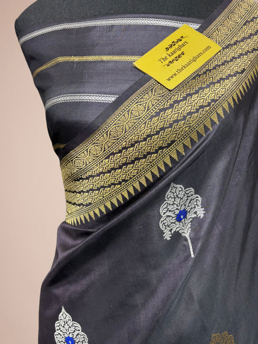 Charcoal Black Pure Katan Banarasi Handloom Saree - Kadiyal Sona Roopa