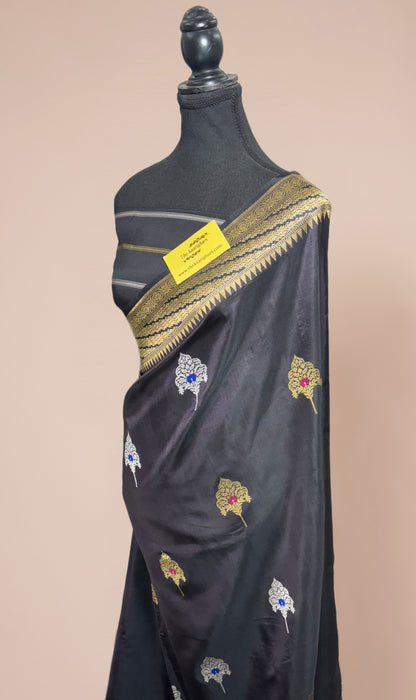 Charcoal Black Pure Katan Banarasi Handloom Saree - Kadiyal Sona Roopa