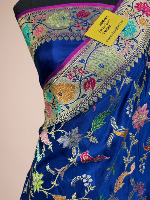 Blue Ektara Pure Katan Silk Banarasi Handloom Saree - Kadhiyal Jangla with Tested Zari