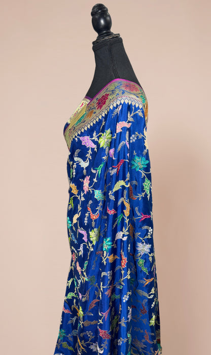 Blue Ektara Pure Katan Silk Banarasi Handloom Saree - Kadhiyal Jangla with Tested Zari