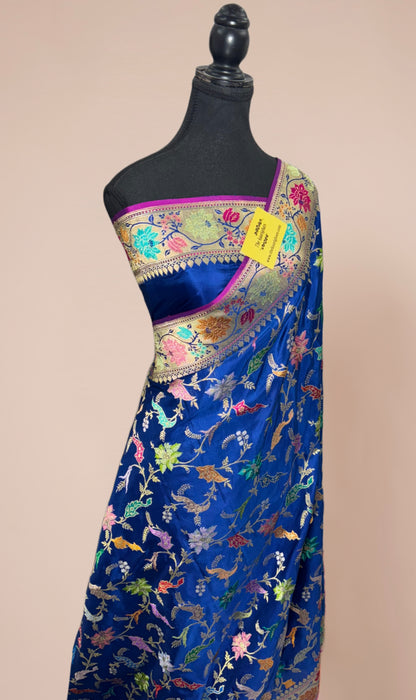Blue Ektara Pure Katan Silk Banarasi Handloom Saree - Kadhiyal Jangla with Tested Zari