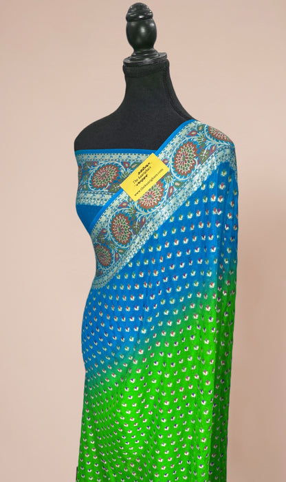 Green and Blue Pure Khaddi Chiffon Banarasi Saree - Meenakari Work