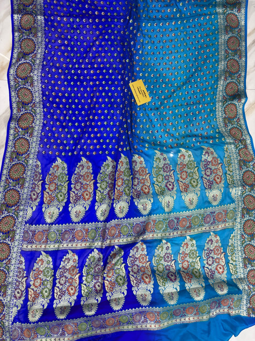 Blue Pure Khaddi Chiffon Banarasi Saree - Meenakari Work
