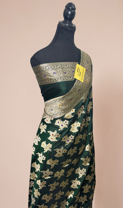 Bottle Green Pure Katan Banarasi Handloom Saree - Tilfi Meenakari Work