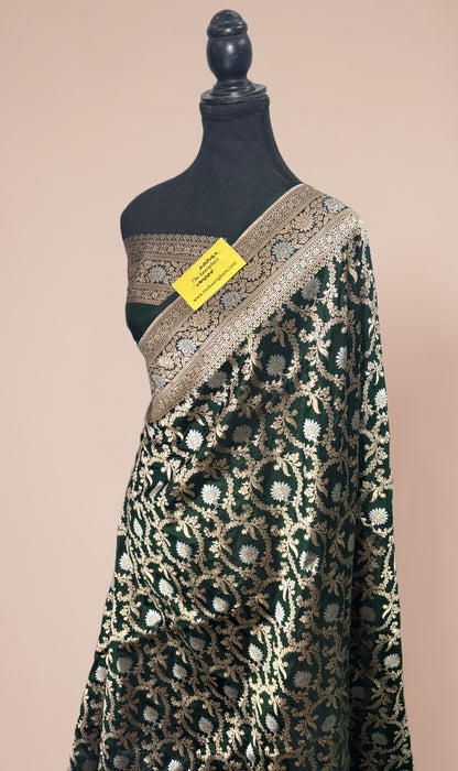 Green Pure Katan Banarasi Handloom Saree - Sona Roopa Jaal Work