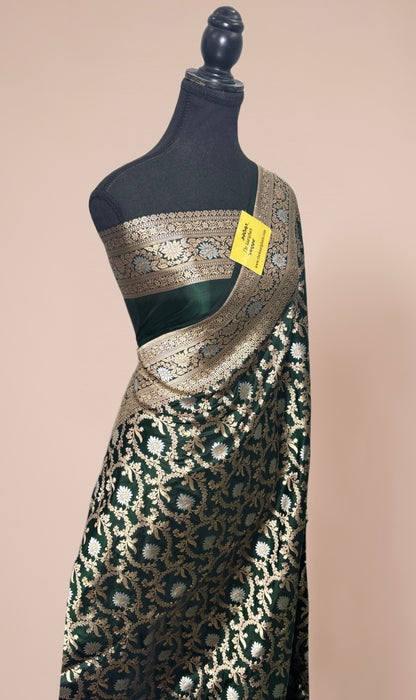 Green Pure Katan Banarasi Handloom Saree - Sona Roopa Jaal Work