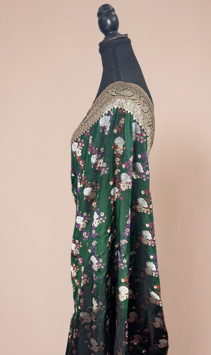 Bottle Green Pure Katan Banarasi Handloom Saree - Meenakari Jangla