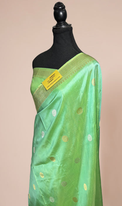 Pista Pure Katan Banarasi Handloom Saree - Kadhiyal Sona Roopa Meenakari