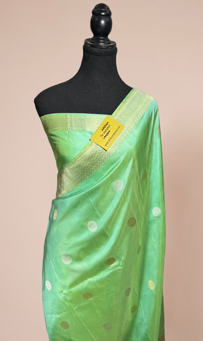 Pista Pure Katan Banarasi Handloom Saree - Kadhiyal Sona Roopa Meenakari