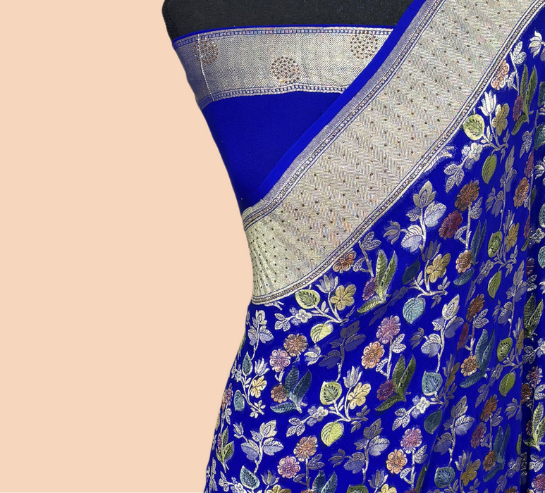 Blue Pure Khaddi Georgette Banarasi Handloom Saree - Designer Border with Sorovski Work