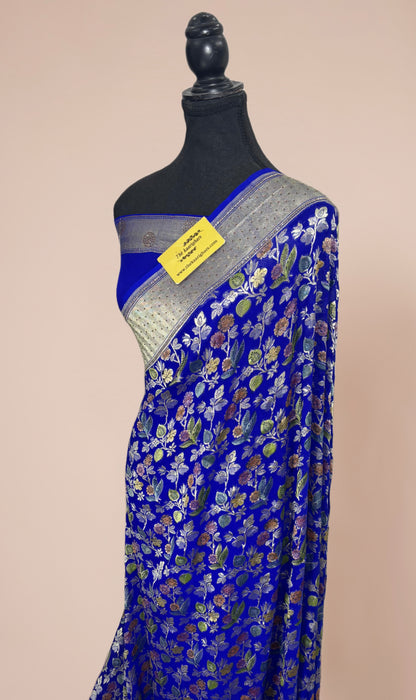 Blue Pure Khaddi Georgette Banarasi Handloom Saree - Designer Border with Sorovski Work