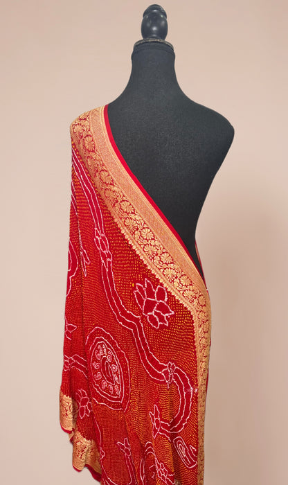 Red Pure Georgette Bandhani Banarasi Handloom Dupatta