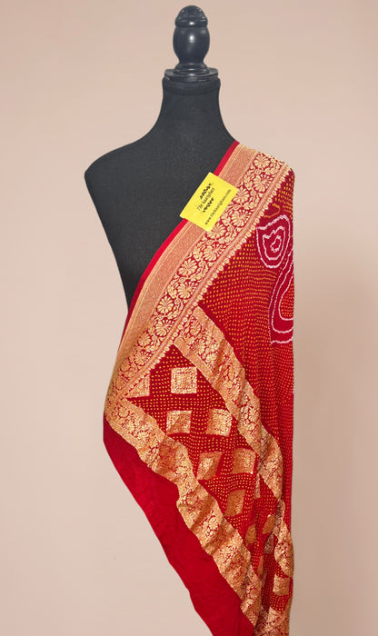 Red Pure Georgette Bandhani Banarasi Handloom Dupatta
