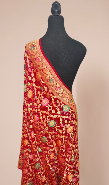 Red Pure Bandhani Banarasi Handloom Dupatta - Meenakari