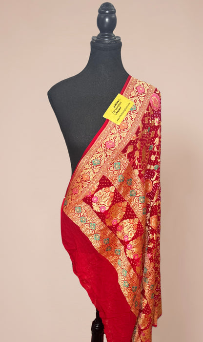 Red Pure Bandhani Banarasi Handloom Dupatta - Meenakari